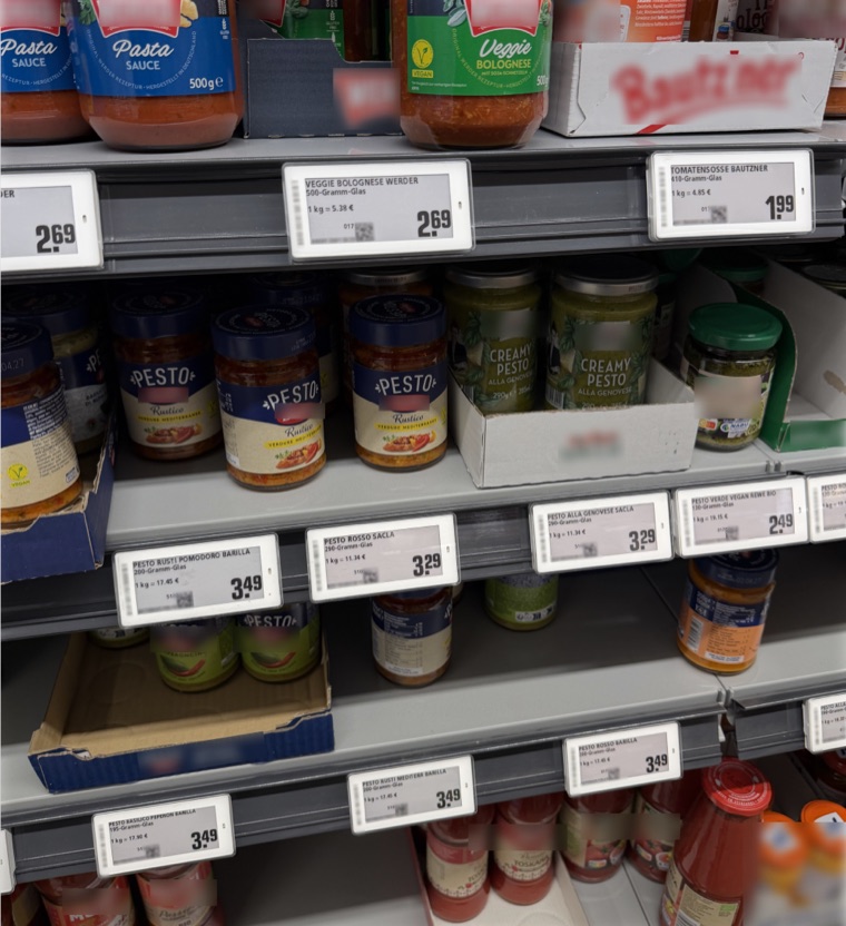 Electronic shelf labels on a supermarket grocery shelf