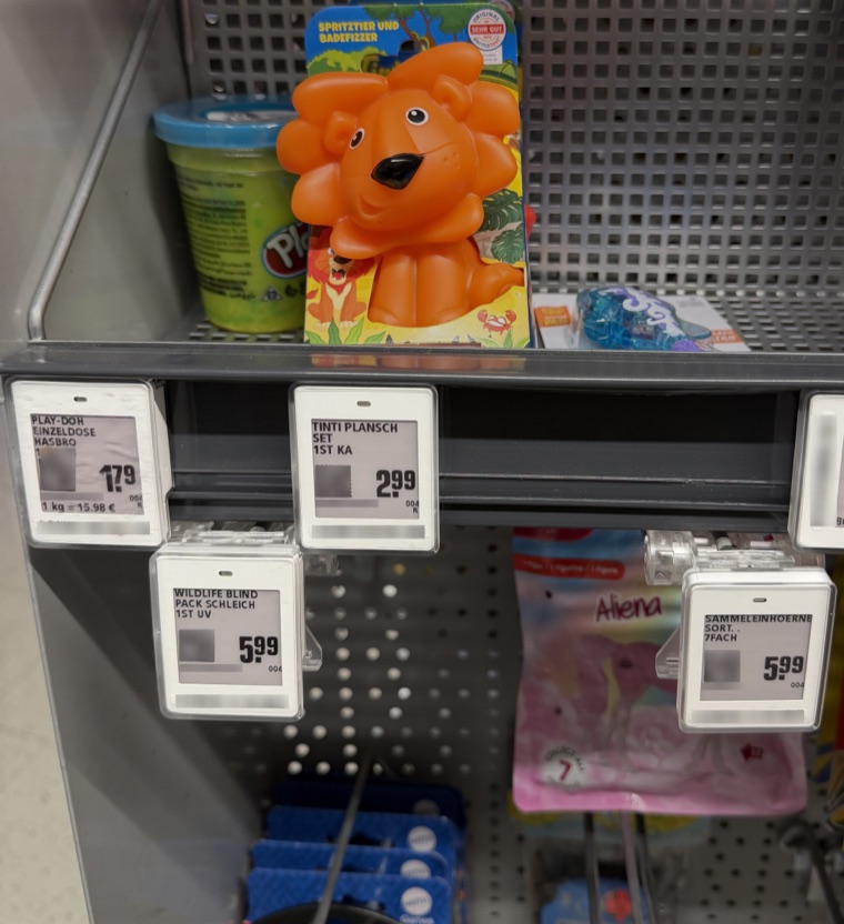 Electronic shelf labels on a toy shelf