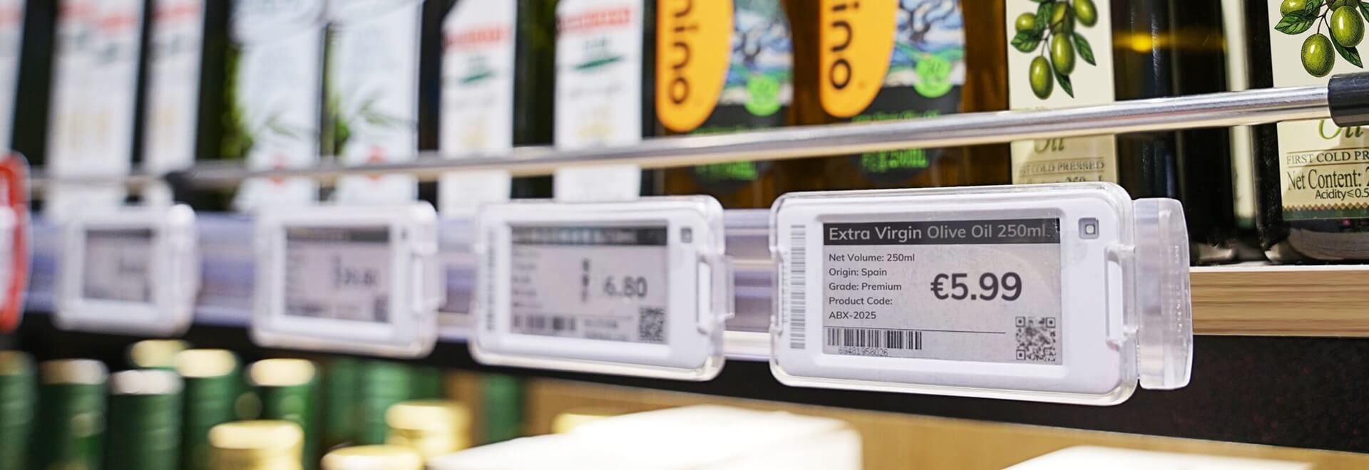 Supermarket shelves fitted with electronic shelf labels